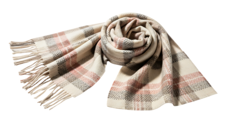 Rolled plaid scarf with fringe isolated on transparent background