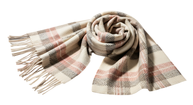 Rolled plaid scarf with fringe isolated on transparent background