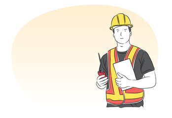Vector concept technology occupation maintenance technician. Craftsman wearing yellow hard hat. Hard hat. Safety. Talking on walkie talkie while looking at tablet standing on isolated background.