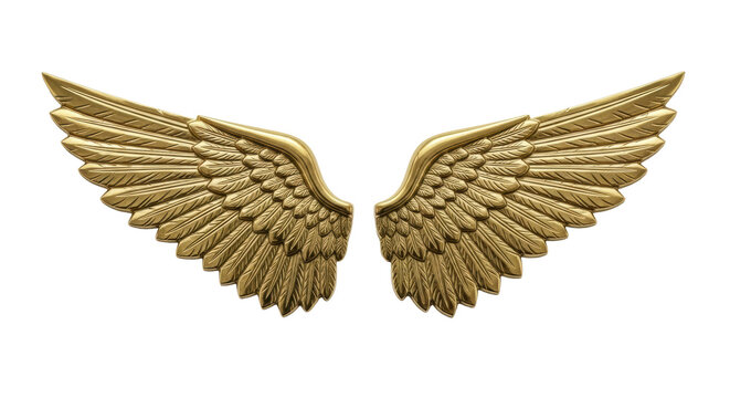 Isolated decorative gold wings, antique golden angel wings emblem, fantasy heraldic ornament