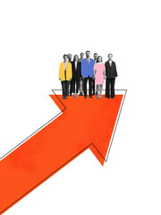 Contemporary collage. Business team standing on red arrow symbolizing growth and corporate strategy