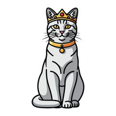 Regal Feline: A stately illustration of a cat adorned with a golden crown and collar, embodying elegance and poise.