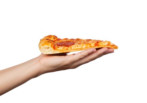 Hand holding a slice of pepperoni pizza isolated on transparent background