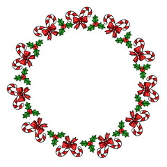 Festive Christmas vector round frame with candy canes, holly berries, and red bows, perfect for holiday cards and invitations.