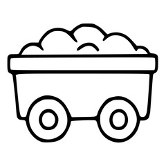 A whimsical vector illustration of a simple black line art mining cart filled with rocks, perfect for children's books, playful designs, or minimalist graphic projects.