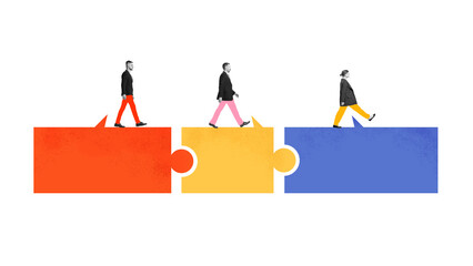 Surreal collage. Business people walking on colorful puzzle pieces symbolizing teamwork. Concept of...