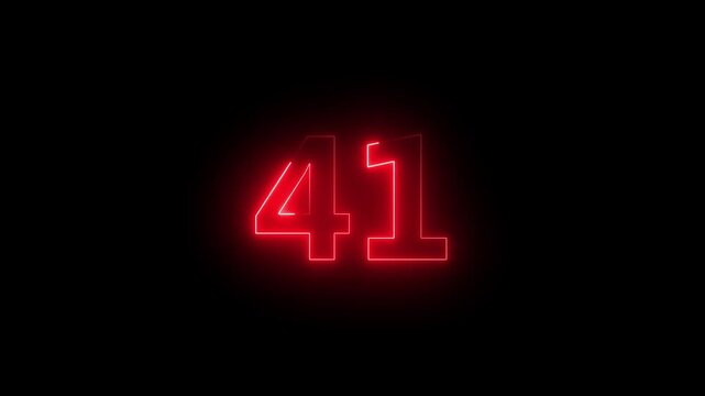 41 number neon bright red color animation on black background 4k video.