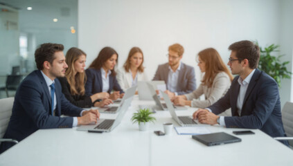 Blurred background of business meeting at office table with businessmen and businesswomen discussing project, collaborating, working on computers, teamwork, communication, and professional corporate
