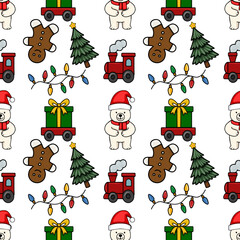 Seamless vector Christmas pattern featuring adorable polar bears in Santa hats, gingerbread men, toy trains, and festive string lights, creating a charming and playful holiday design.