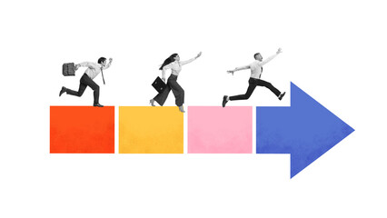 Creative digital artwork. Business people running on colorful blocks and arrow symbolizing...