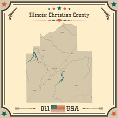 Large and accurate map of Christian County, Illinois, USA with vintage colors.