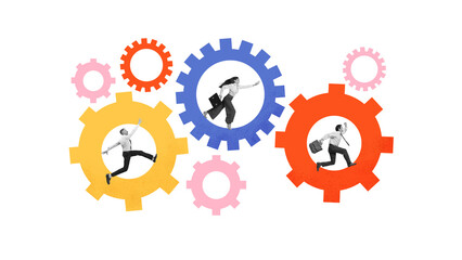 Bold poster. Business people moving inside colorful gears symbolizing teamwork and process. Concept...