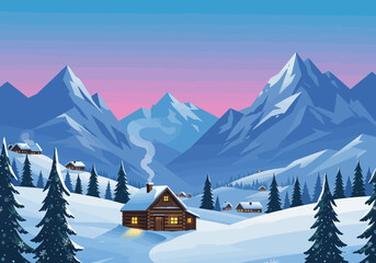 Cozy Log Cabin in a Snowy Mountain Landscape at Dusk.