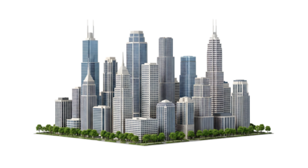 Modern city skyline with skyscrapers isolated on transparent background