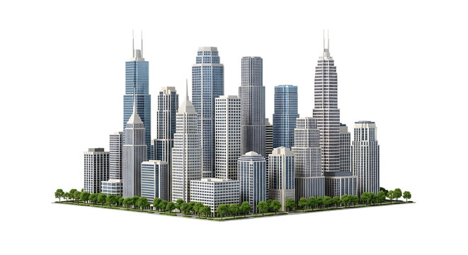 Modern city skyline with skyscrapers isolated on transparent background