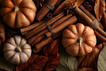 Pumpkins with cinnamon sticks, cassia bark and star anise as autumn spices for seasonal food, cozy fall background and thanksgiving concept. Autumn composition. Autumn background