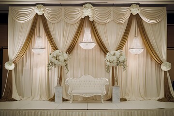 Elegant Wedding Stage with Ivory Drapery, Gold Accents, Chandeliers, and White Floral Arrangements Creating a Romantic Backdrop