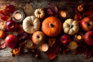 Autumn pumpkins and candles with colorful fall leaves on a rustic wooden background creating a cozy seasonal still life with warm atmosphere. Harvest season and cozy holiday vibes. Pumpkin