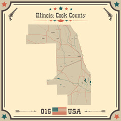 Large and accurate map of Cook County, Illinois, USA with vintage colors.