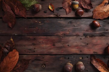 Autumn flay lay. Autumn leaves and acorns on rustic wooden background creating a seasonal design perfect for cozy fall concepts.. Autumn foliage. Copy space. Blank background