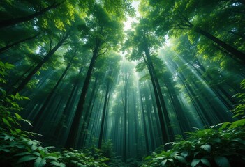 Obraz premium Mystical Forest Interior A Wide Shot of Sunlight Beams Piercing Through a Dense Green Leafy Roof