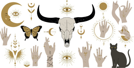 Illustration Mystical Celestial Elements with Buffalo Skull Moon Butterfly and Hands