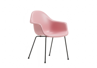 A modern pink plastic armchair with black metal legs, isolated on transparent background