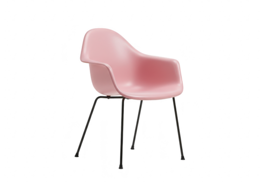 A modern pink plastic armchair with black metal legs, isolated on transparent background