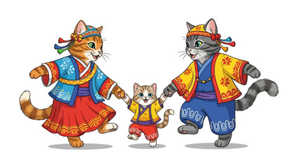 Whimsical Cat Family in Cultural Attire: A charming illustration depicts a playful cat family donned in vibrant traditional attire, happily dancing together.