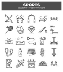 Collection of 25 Sports Icons.  Sport Equipment. Game. and Activity Line Art Graphics