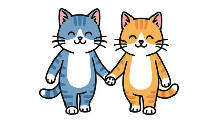 Cartoon Cat Duo's Adorable Bond: Two charming cartoon cats, one blue and one orange, stand side-by-side, holding hands. Their expressions radiate pure joy and a sense of affectionate camaraderie.