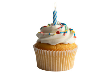 Festive cupcake with lit candle and sprinkles for celebrations