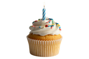 Festive cupcake with lit candle and sprinkles for celebrations