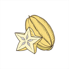 Illustration of a whole star fruit and a sliced star fruit