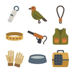 Pet and hunting equipment in modern flat design with gradient background