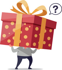 Illustration of a Man Holding a Large Red Gift Box with Gold Ribbon and Question Mark