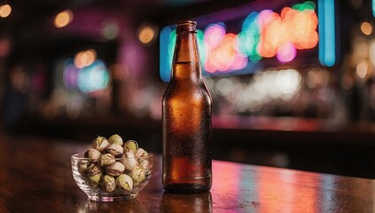 Beer bottle and glass bowl of pistachios on wooden bar table with light shining through glass, neon lights in background
