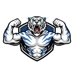 A fierce white tiger with blue stripes flexing its powerful muscles, depicted in a cartoonish, aggressive style with glowing blue eyes and lightning accents.