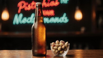 Beer bottle and glass bowl of pistachios on wooden bar table with light shining through glass, neon lights in background