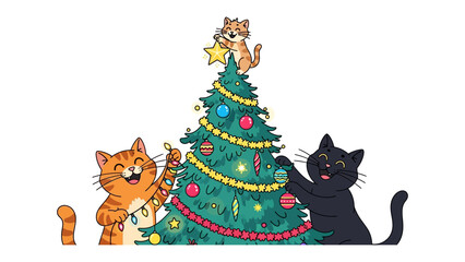 Cats Decorating Christmas Tree: Adorable cartoon cats adorn a festive Christmas tree with ornaments, exuding the heartwarming spirit of the holiday season and the joyful chaos of family.