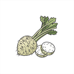 Celery root vegetable with sliced pieces and green stems