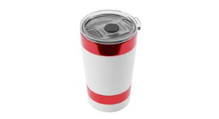 Isolated tumbler with clear lid, a reusable drinkware with red bands at the top and bottom