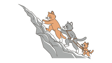 Cat Family Overcoming Challenges: A heartwarming illustration depicts a family of cats working together to scale a rocky mountain, symbolizing perseverance and unity in the face of adversity. © Nusaybah