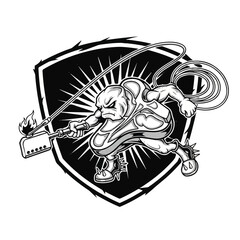 A stylized graphic of a cartoon creature grilling a steak, with a shield-like emblem and radiating lines.