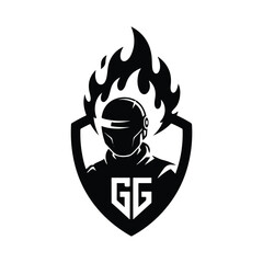 Monochrome gaming logo of a futuristic helmeted figure inside a shield emblem, featuring the letters GG and crowned with stylized flames.