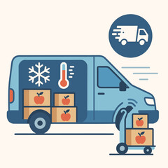 Refrigerated delivery truck with food cargo and temperature control icon