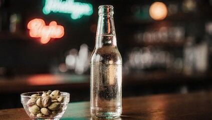 Beer bottle and glass bowl of pistachios on wooden bar table with light shining through glass, neon lights in background