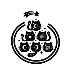 A whimsical black and white illustration of celestial cats forming a pyramid inside a circle with a shooting star.