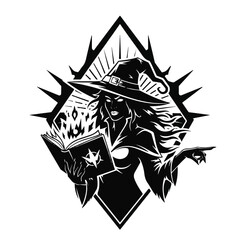 A striking black and white illustration of a witch casting a spell from an open book, with a pointed finger and a spiky, diamond-shaped background.