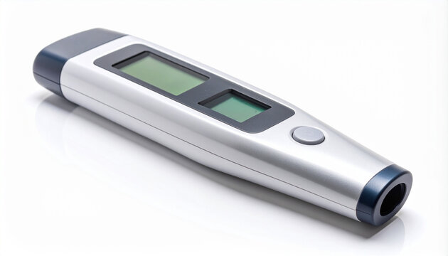 Sleek non-contact infrared thermometer with a digital screen for rapid and precise temperature readings, isolated against a clean white background